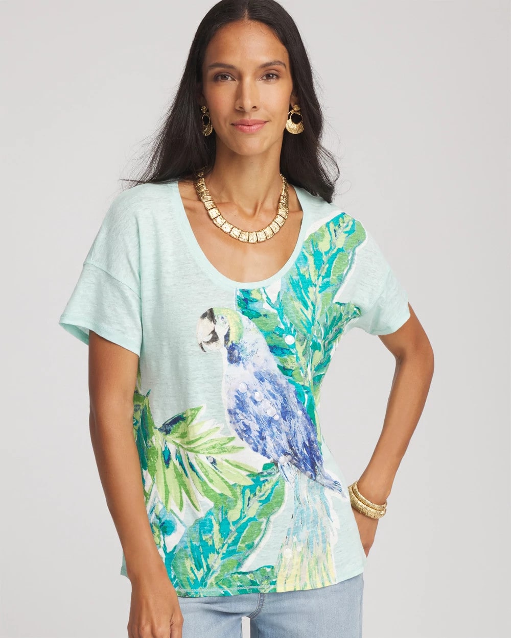 Chico's Linen Embellished Parrot Easy Tee TEAL WATERS