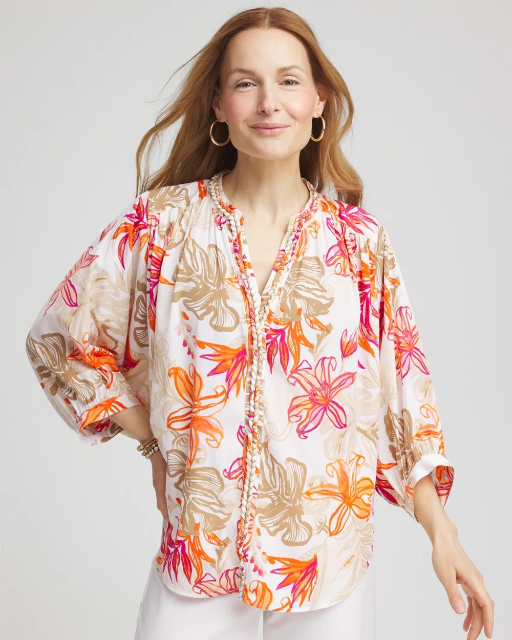 Chico's Floral Braided Batwing Blouse CRUSHED BERRIES
