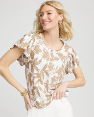 Chico's Linen Leaf Print Flutter Sleeve Tee CAFE AROMA