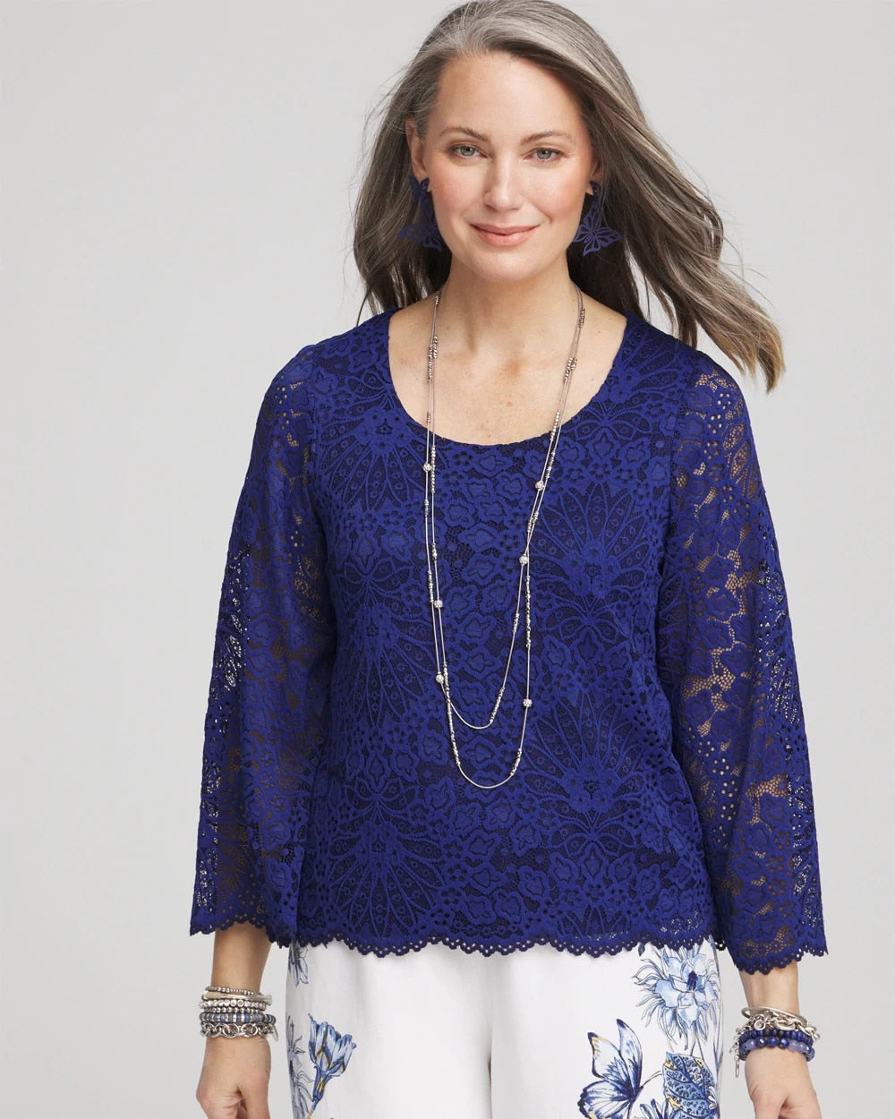 Chico's Scalloped Hem Lace Top BLUE CASA