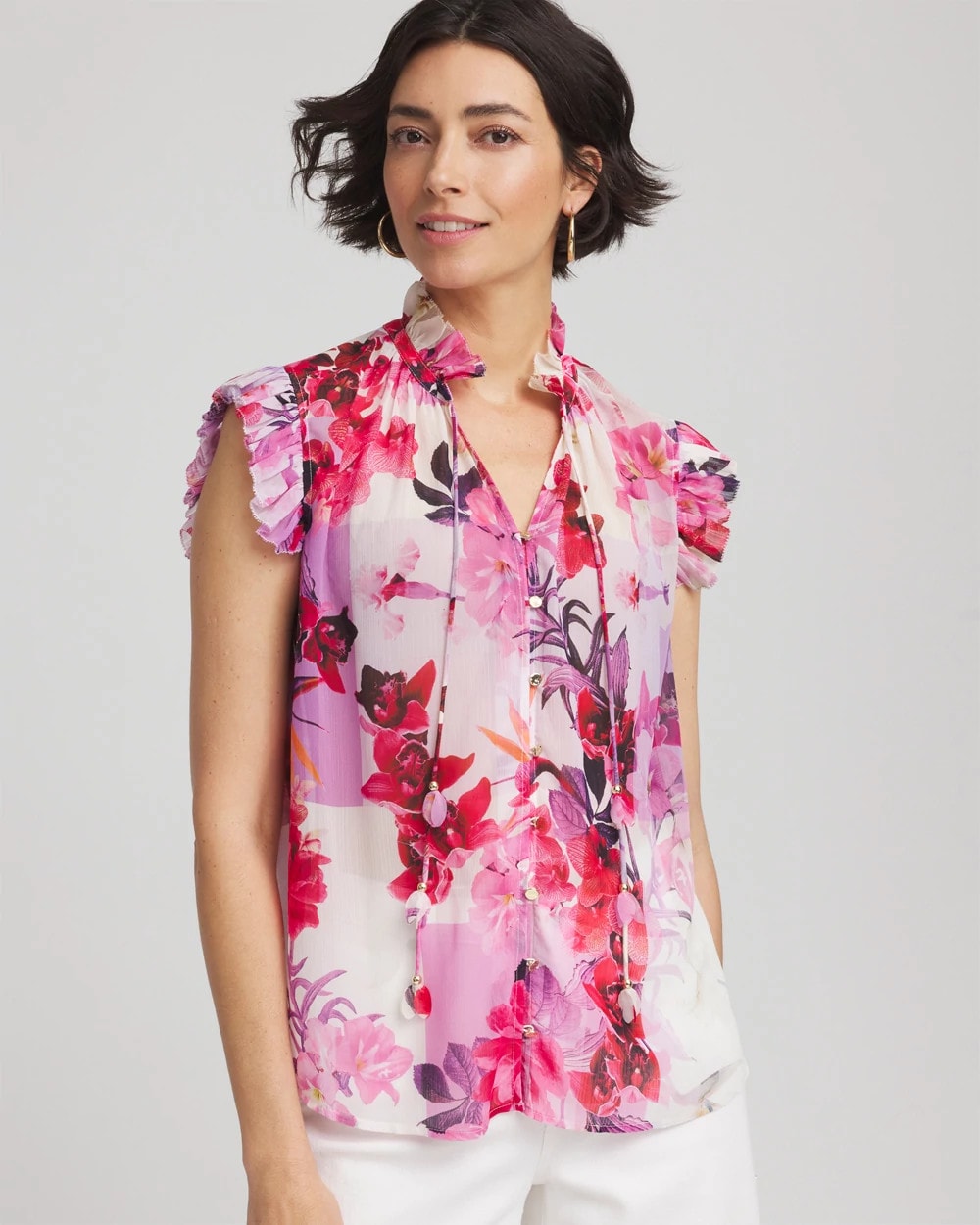 Chico's Floral Ruffle Collar Blouse PLUM SHADE