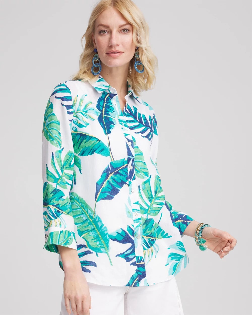 Chico's No Iron™ Palm Print Linen Shirt SEASPRAY