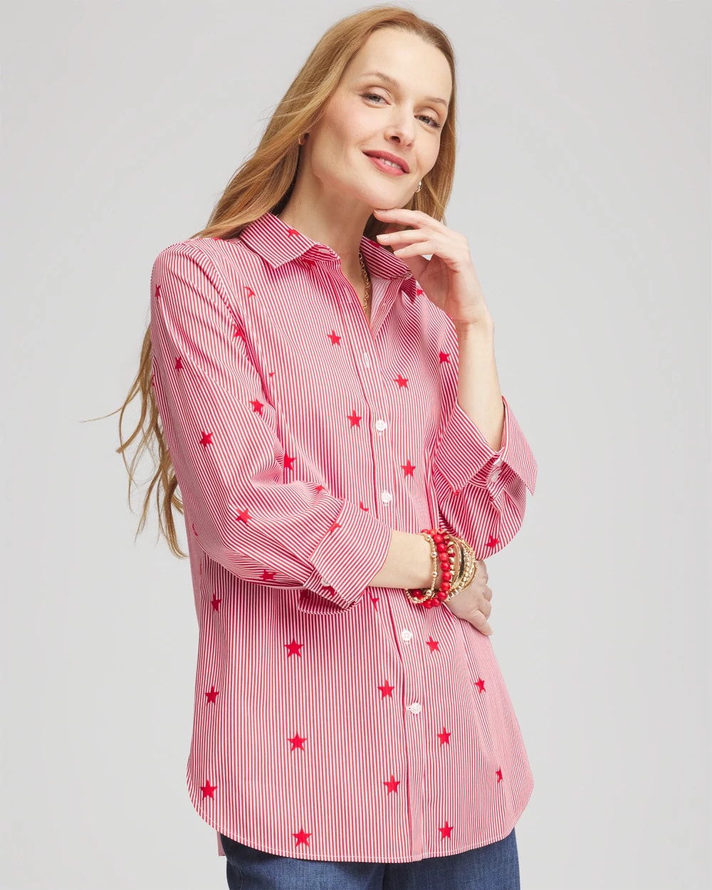 Chico's No Iron™ Stars & Stripes  Sateen Shirt RED GLOW