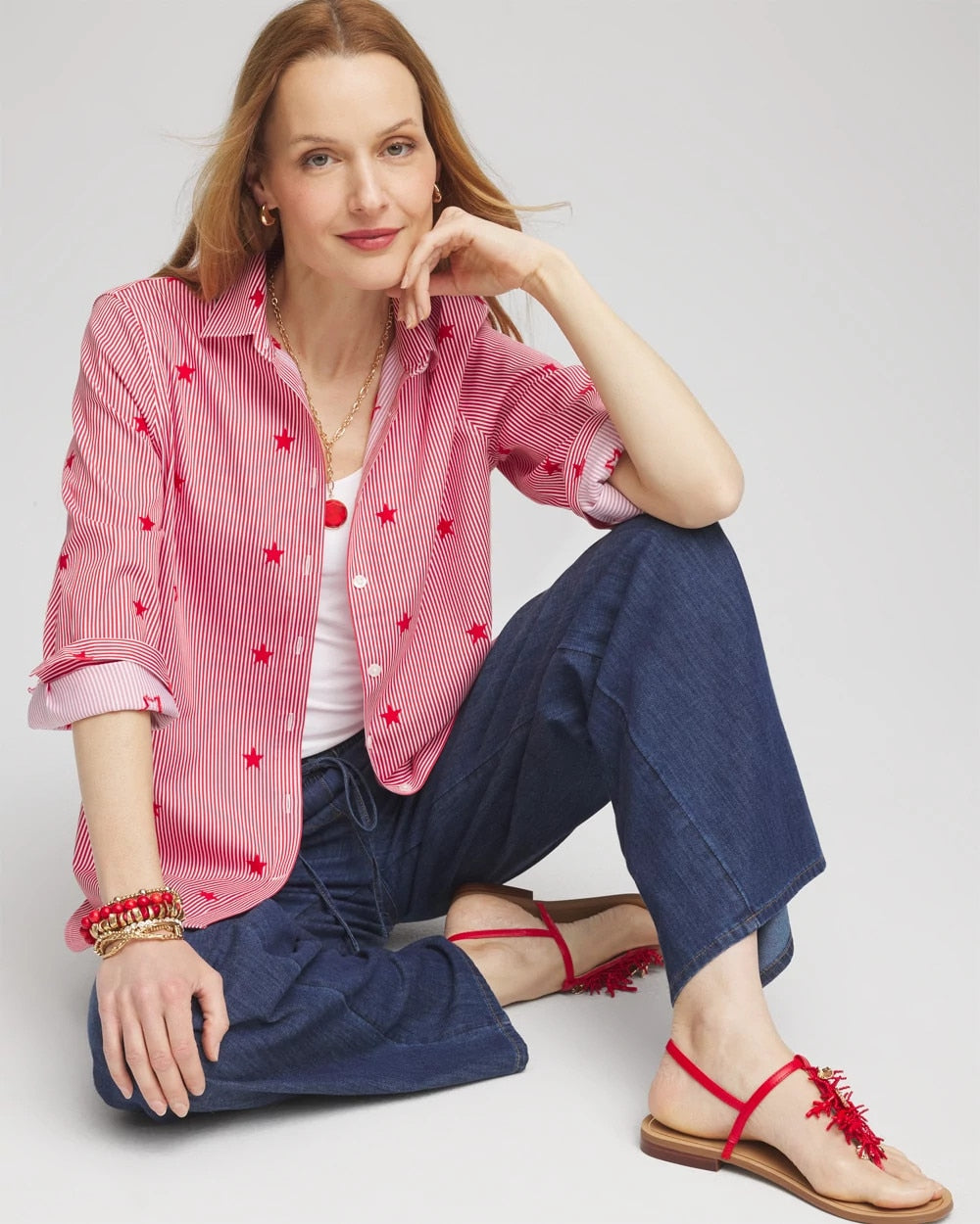 Chico's No Iron™ Stars & Stripes  Sateen Shirt RED GLOW