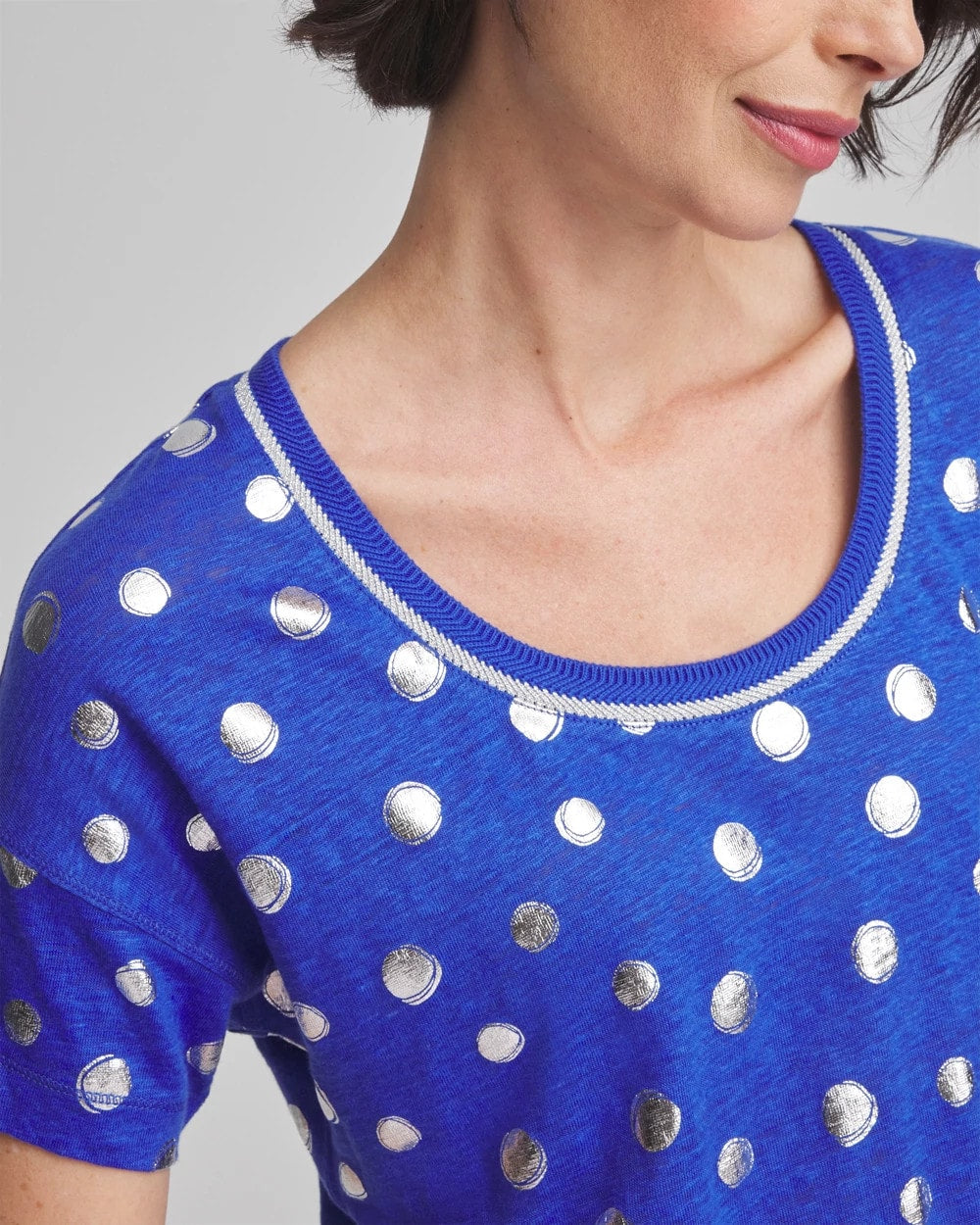 Chico's Foiled Polka-Dot Sweater-Trim Linen Tee BLUE CASA