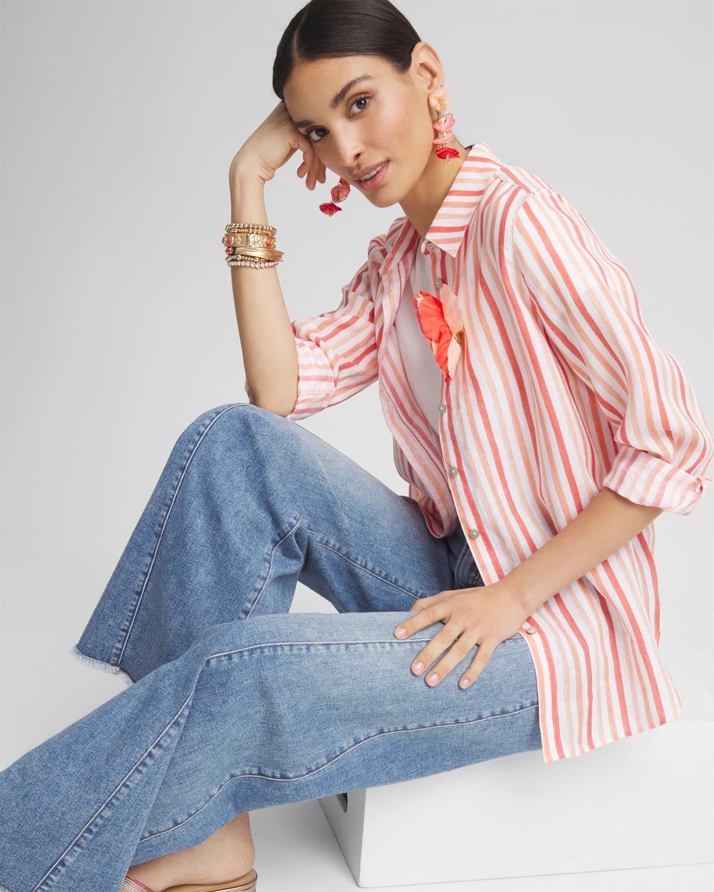 Chico's No Iron™ Striped Linen Shirt CORAL BLOSSOM