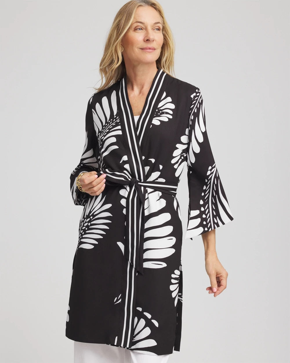 Chico's Tie-Front Long Kimono BLACK