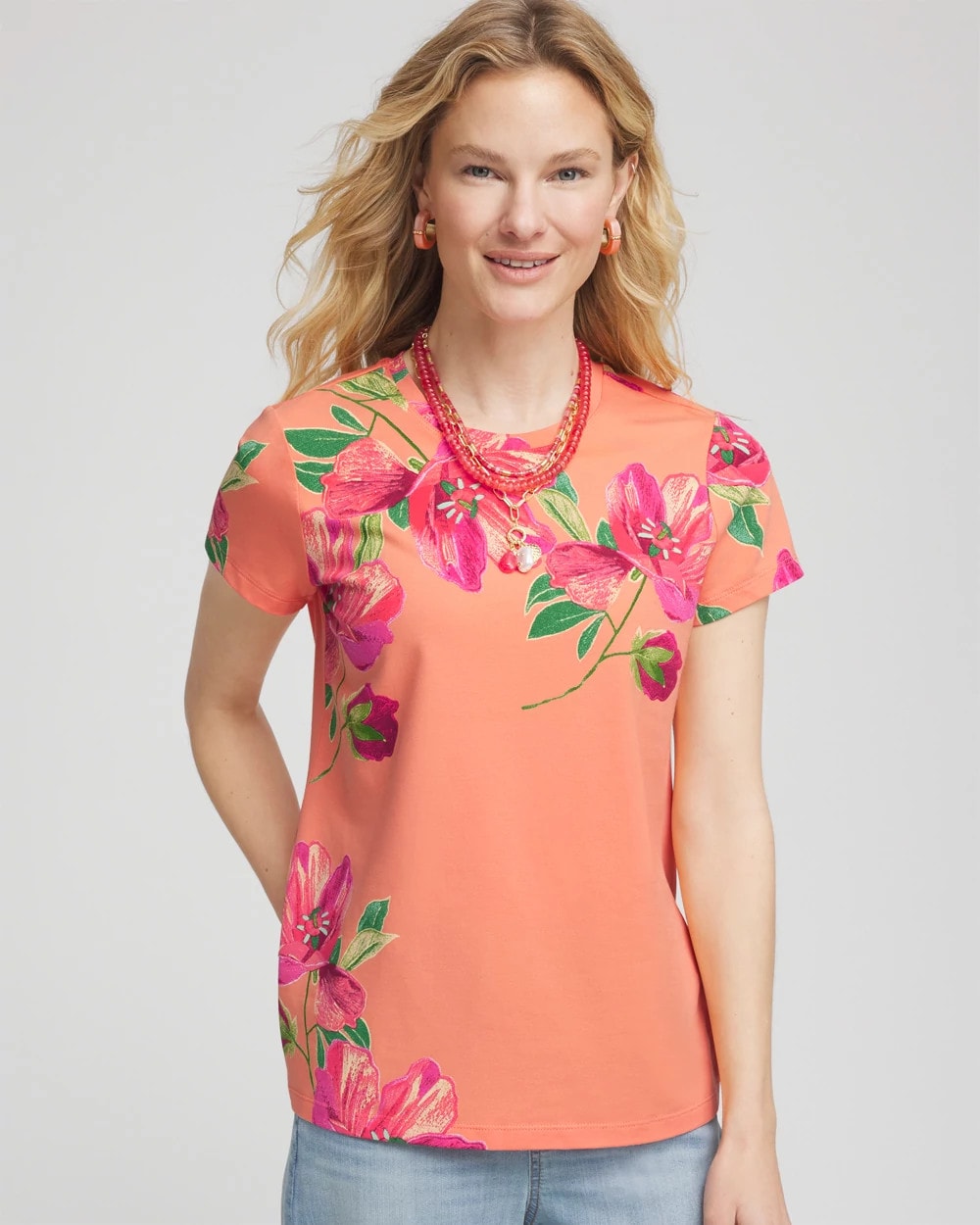 Chico's Floral Cap-Sleeve Tee SUNSET PEACH