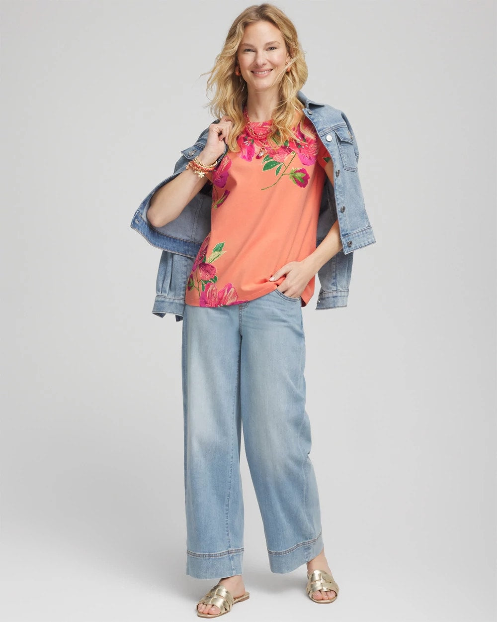 Chico's Floral Cap-Sleeve Tee SUNSET PEACH