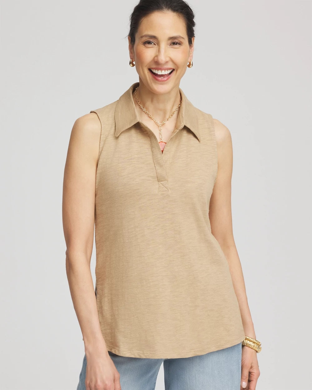 Chico's Slub Sleeveless Collared Tunic CAFE AROMA