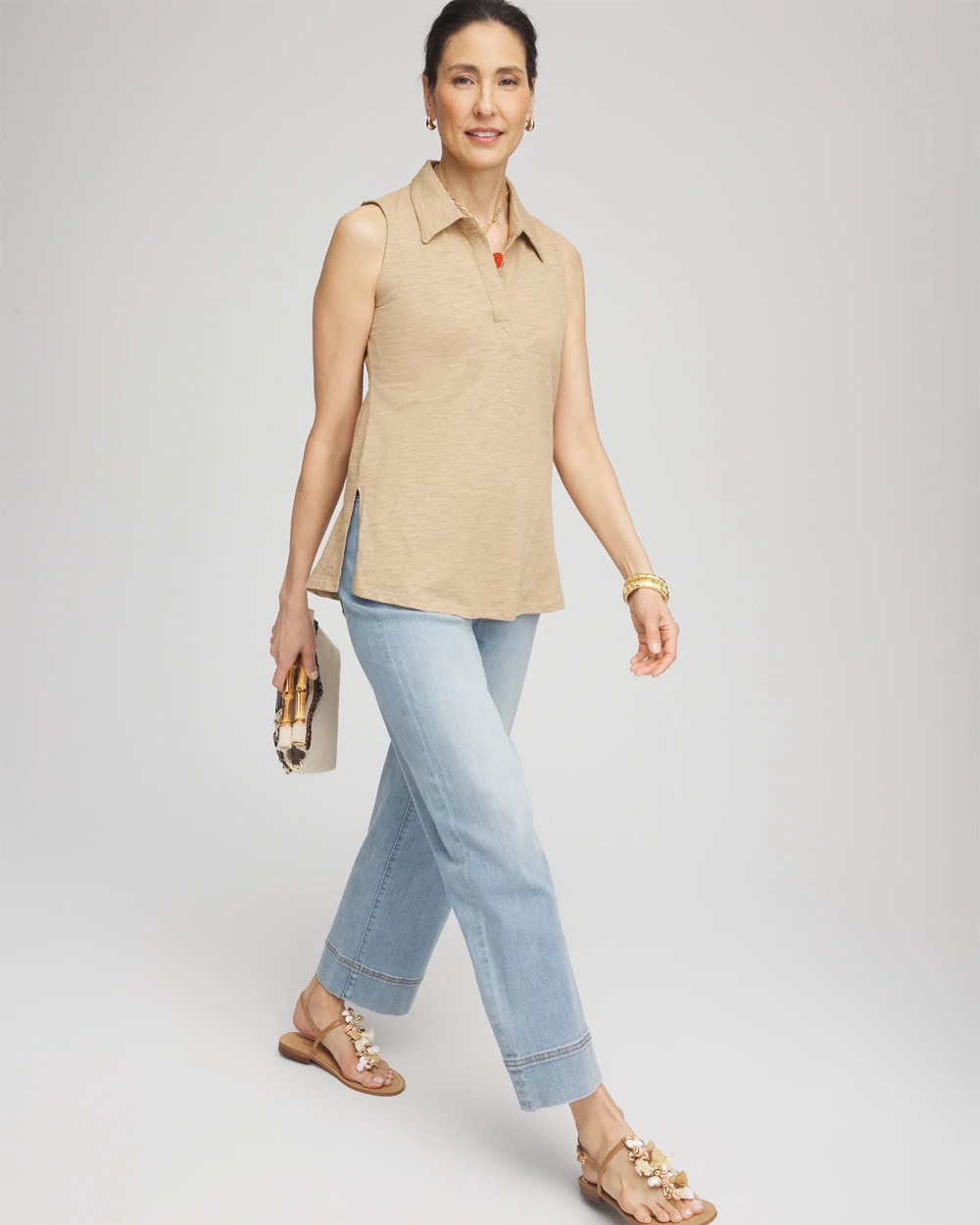 Chico's Slub Sleeveless Collared Tunic CAFE AROMA