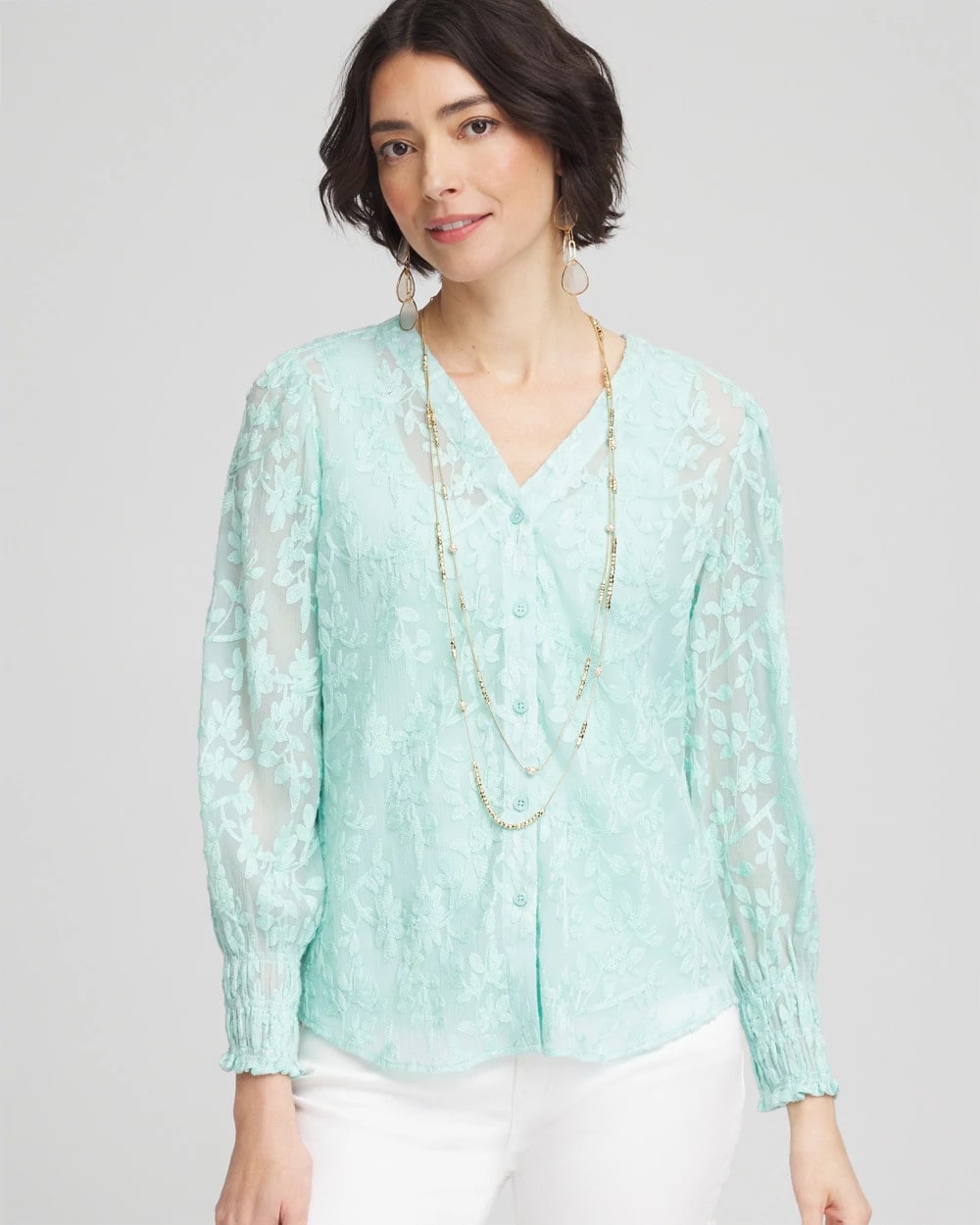 Chico's Floral Soutache V-Neck Blouse TEAL WATERS