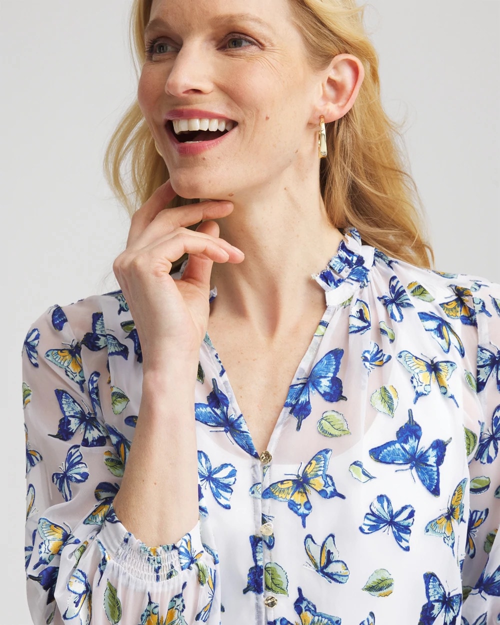 Chico's Ruffle Collar Butterfly Burnout Blouse BLUE CASA
