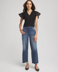 Chico's Pleated-Trim Flutter-Sleeve Tee BLACK