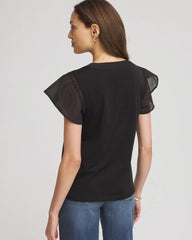 Chico's Pleated-Trim Flutter-Sleeve Tee BLACK