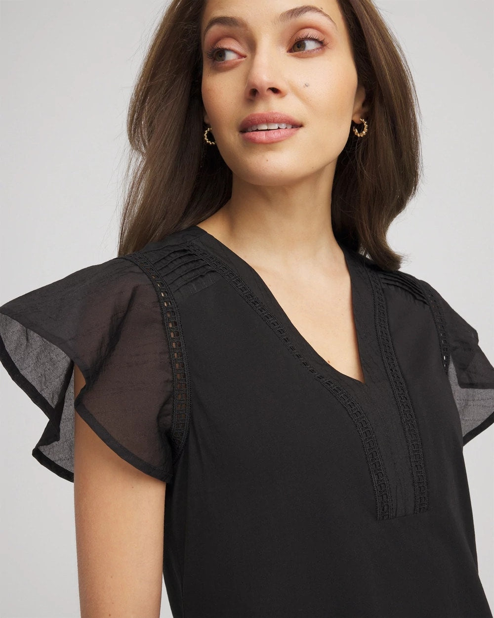Chico's Pleated-Trim Flutter-Sleeve Tee BLACK