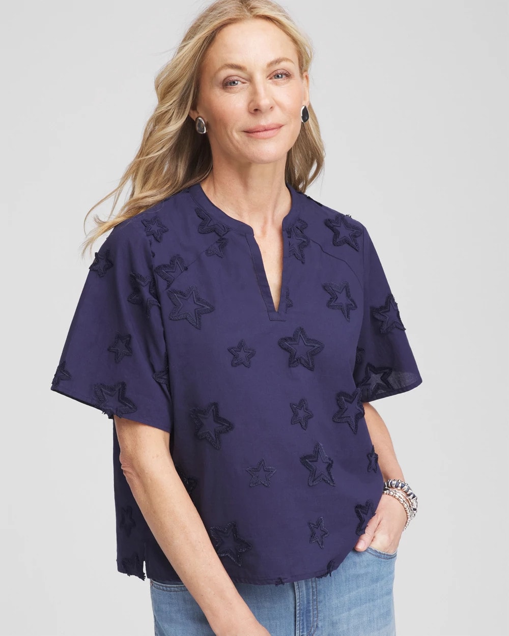 Chico's Embroidered Star Split Neck Blouse PASSPORT BLUE