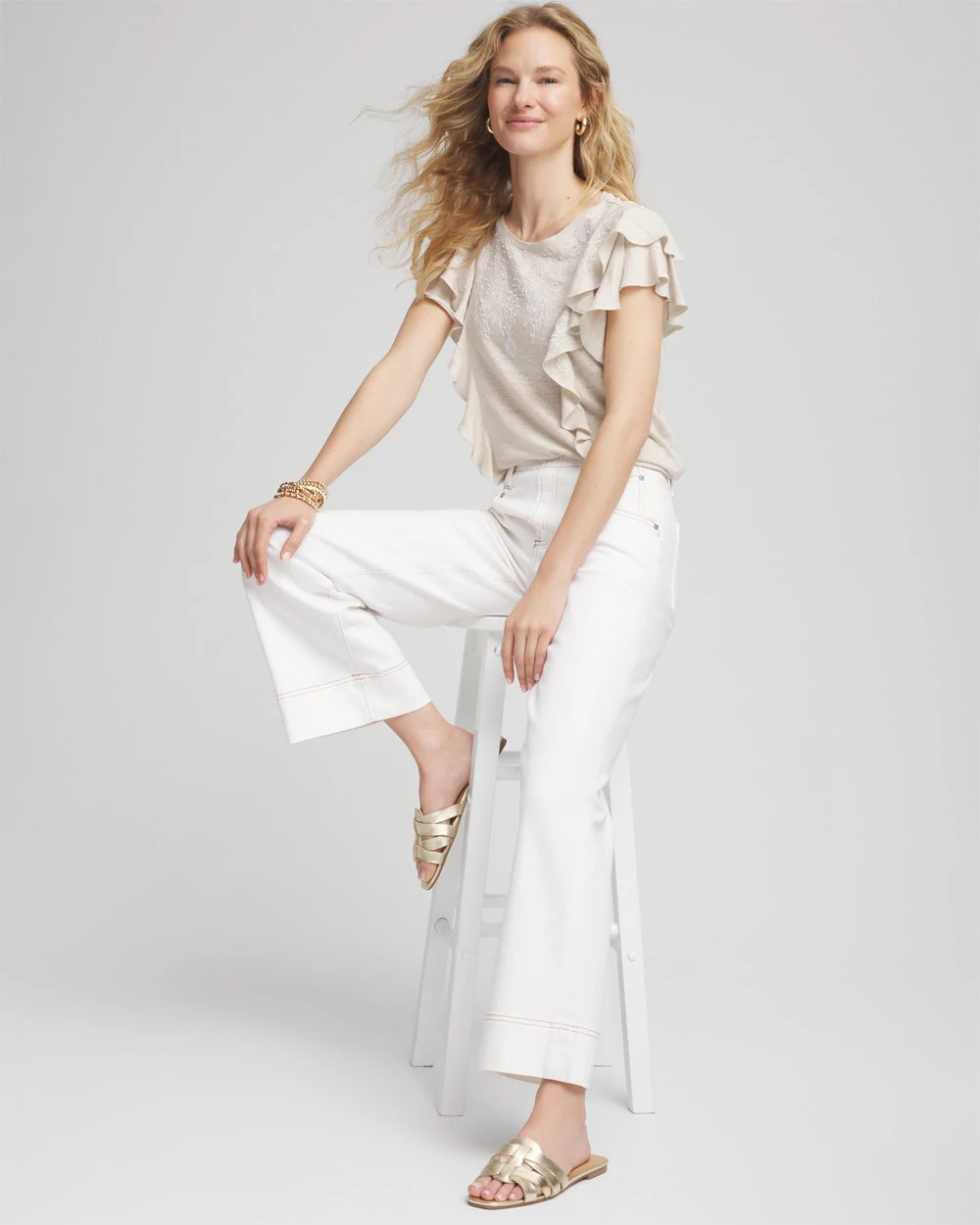 Chico's Embroidered Flutter-Sleeve Tee RIVER ROCK
