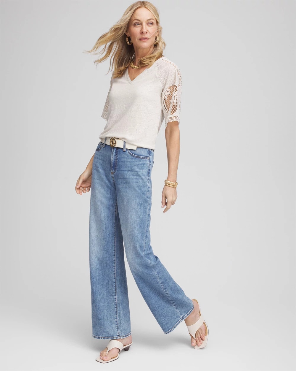 Chico's Linen Crochet Lace Short Sleeve Tee RIVER ROCK