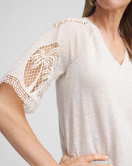 Chico's Linen Crochet Lace Short Sleeve Tee RIVER ROCK