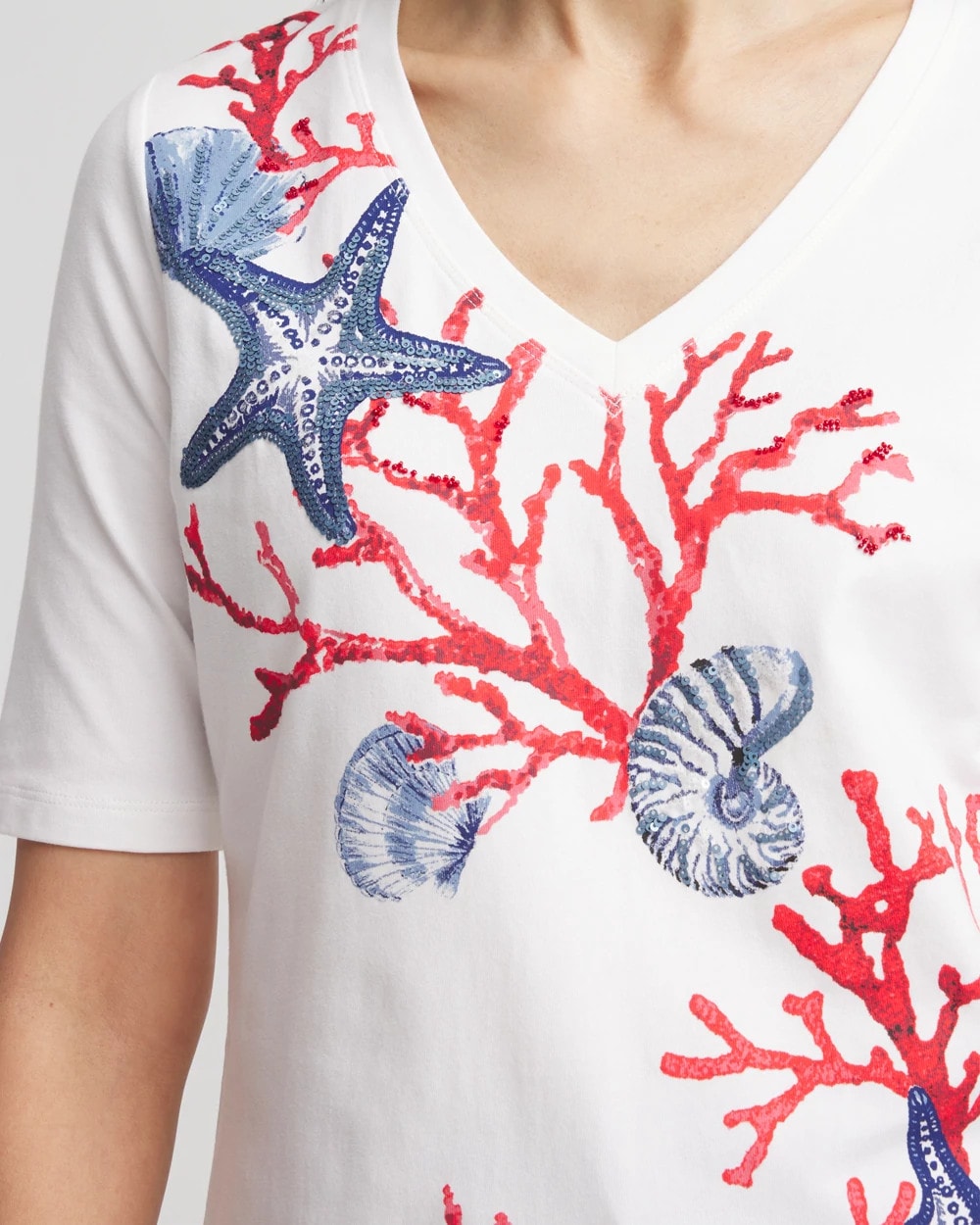 Chico's Coral Print V-Neck Perfect Tee ALABASTER
