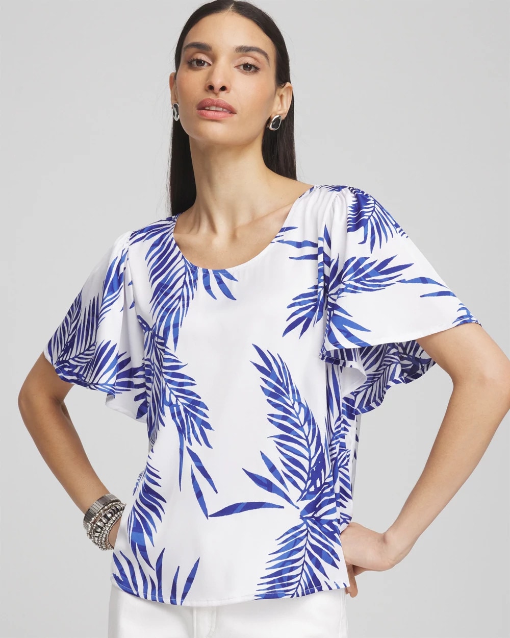 Chico's Flutter Sleeve Satin Top BLUE CASA
