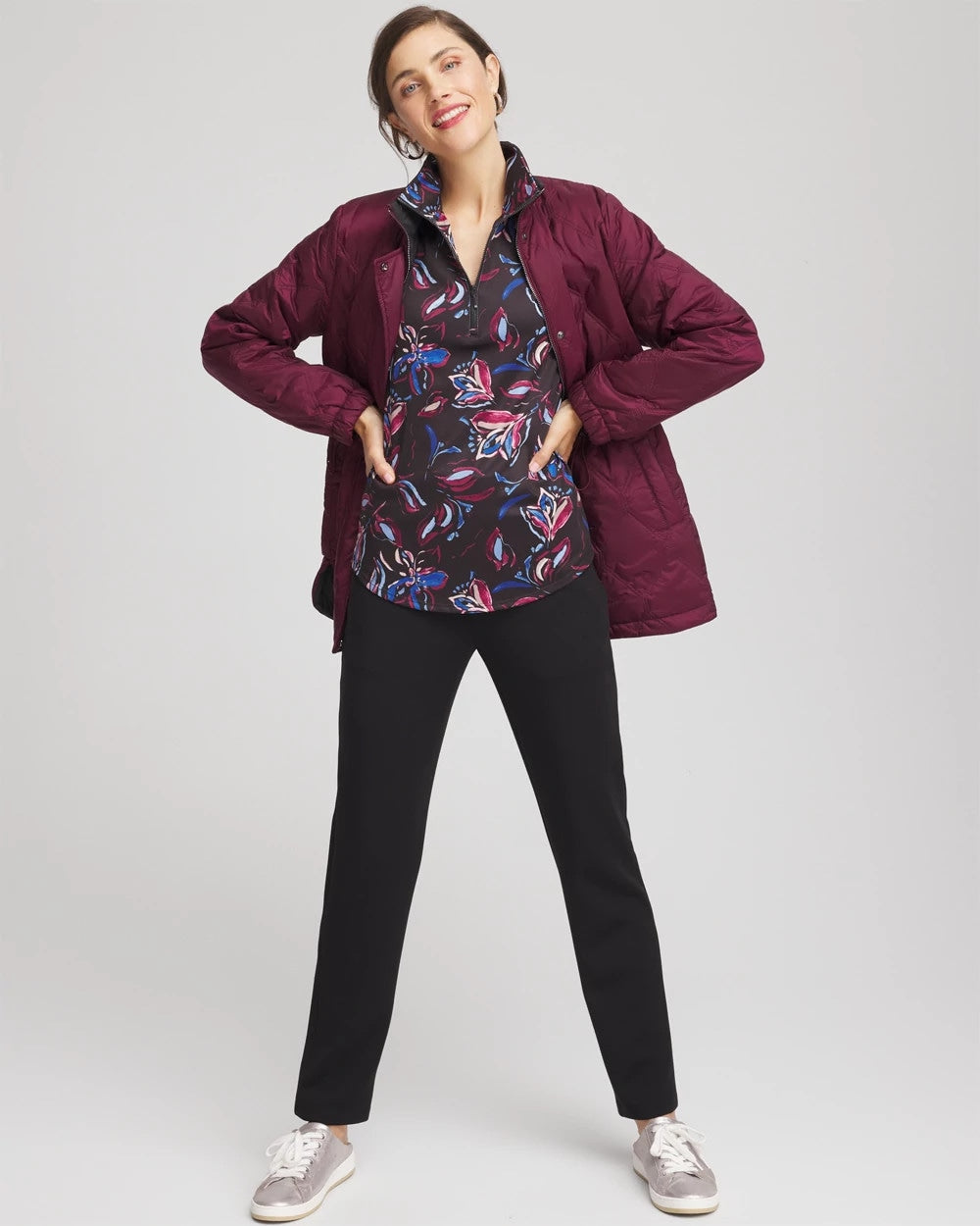 Chico's Zenergy® UPF Floral Half-Zip Pullover Top DEEP CHIANTI