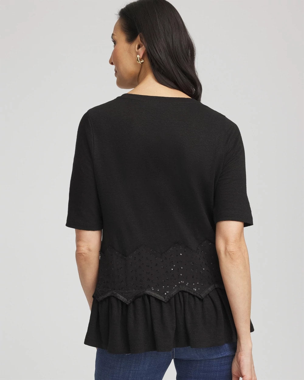 Chico's Chevron Sequin Peplum Linen Tee BLACK