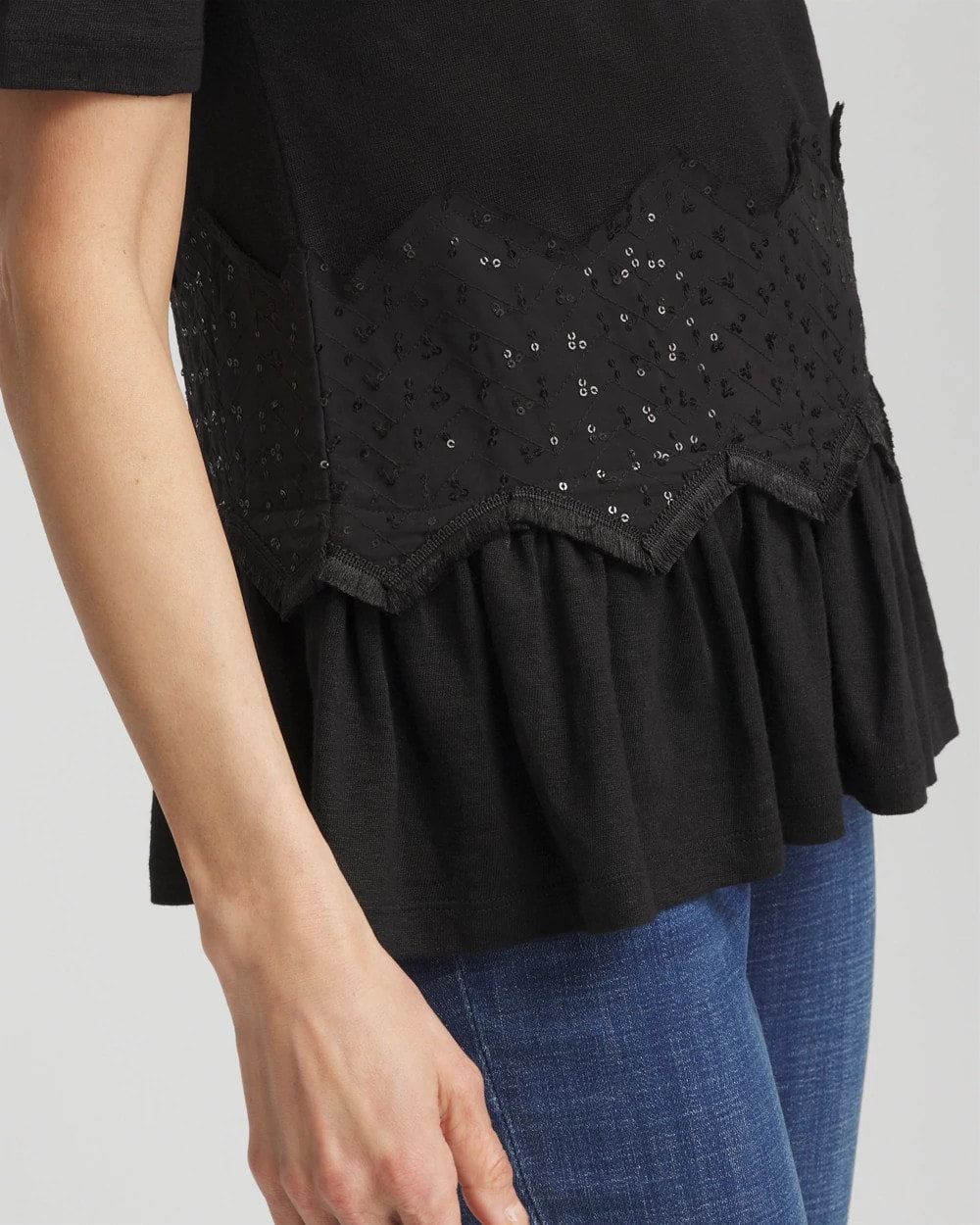 Chico's Chevron Sequin Peplum Linen Tee BLACK