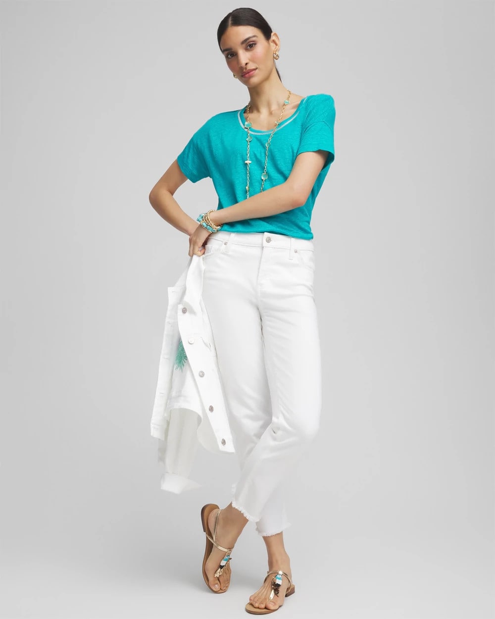 Chico's Sweater Trim Linen Tee SEASPRAY
