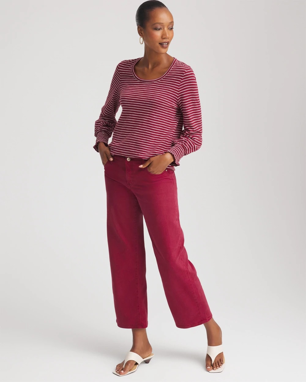 Chico's Smocked-Sleeve Cotton-Slub Tee RUSSET RED