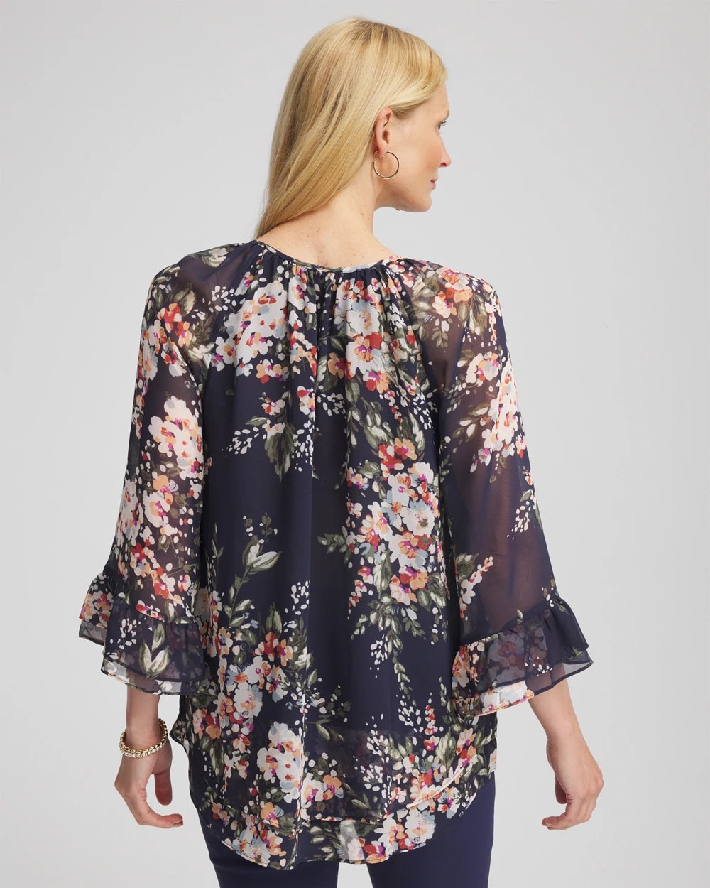 Chico's Floral Georgette Blouse PASSPORT BLUE
