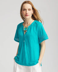 Chico's Linen Lace-Cutwork Sleeve Henley Tee SEASPRAY