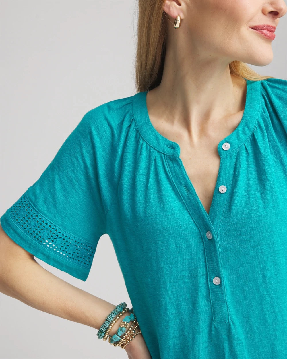 Chico's Linen Lace-Cutwork Sleeve Henley Tee SEASPRAY