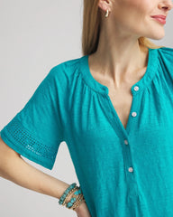 Chico's Linen Lace-Cutwork Sleeve Henley Tee SEASPRAY