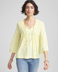 Chico's Pintuck Linen Notched-Neck Tee BRIGHT YELLOW