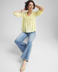 Chico's Pintuck Linen Notched-Neck Tee BRIGHT YELLOW