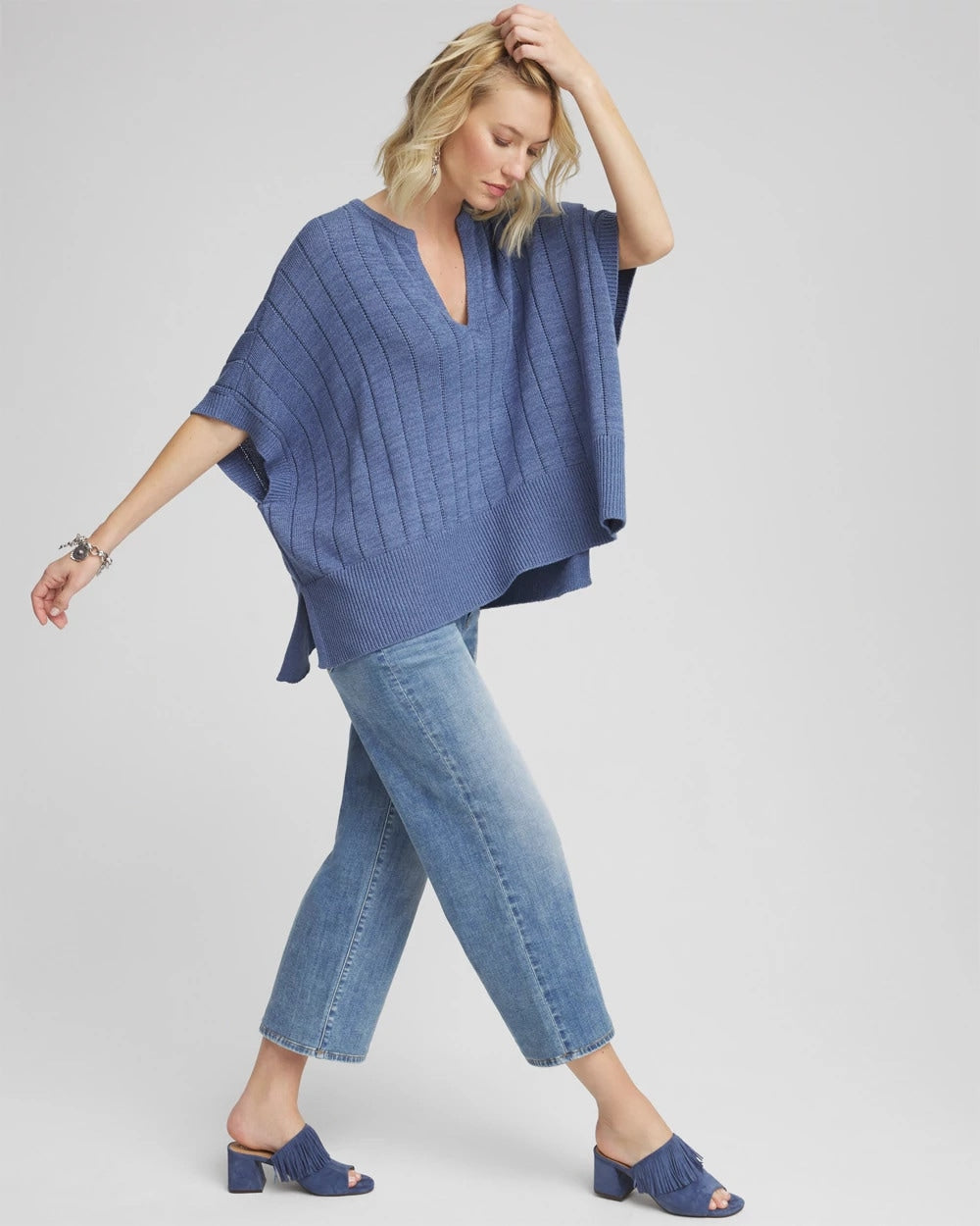 Chico's Open-Knit Splitneck Poncho BLUE LOTUS