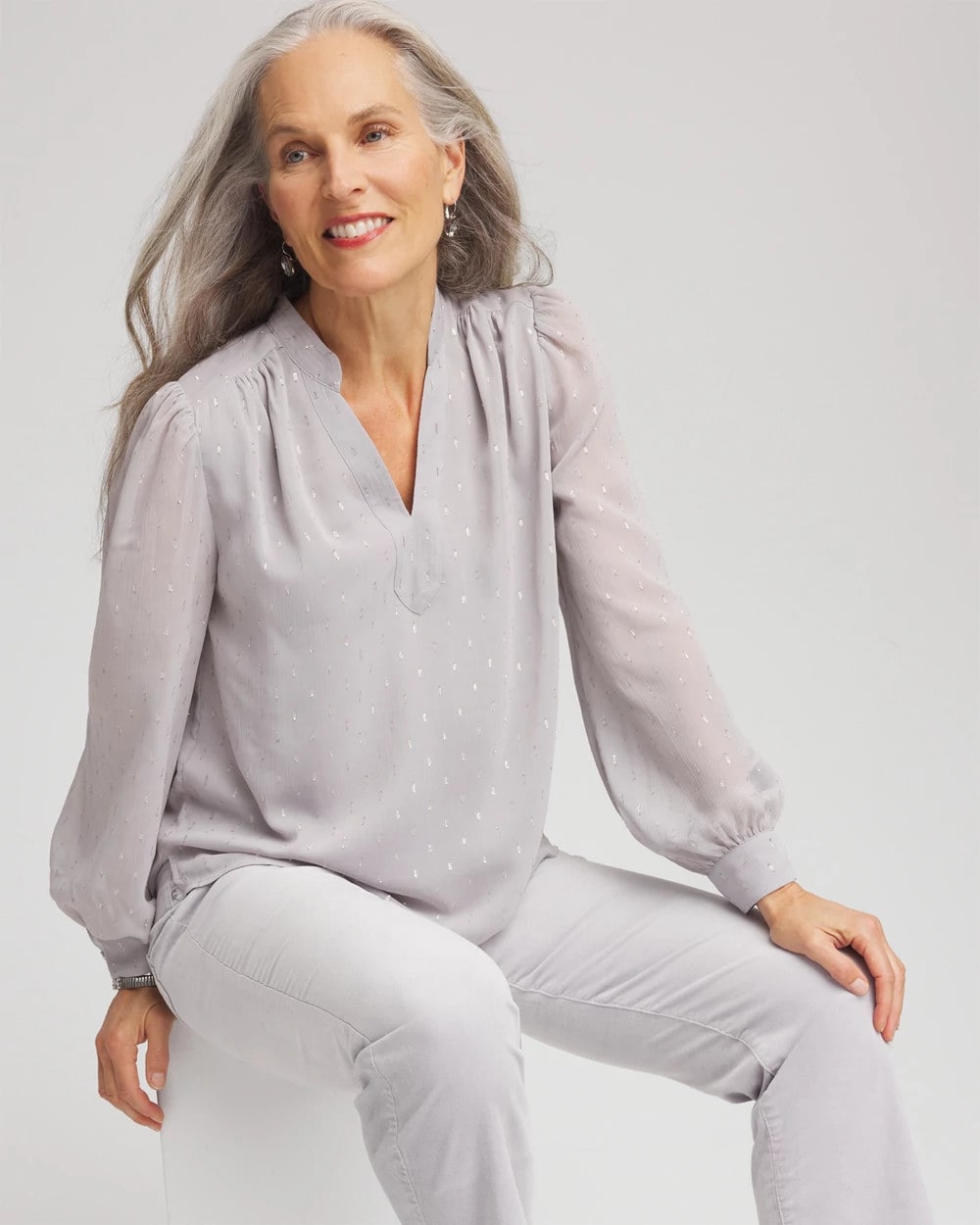 Chico's Georgette Clip Dot Blouse DOVE GRAY