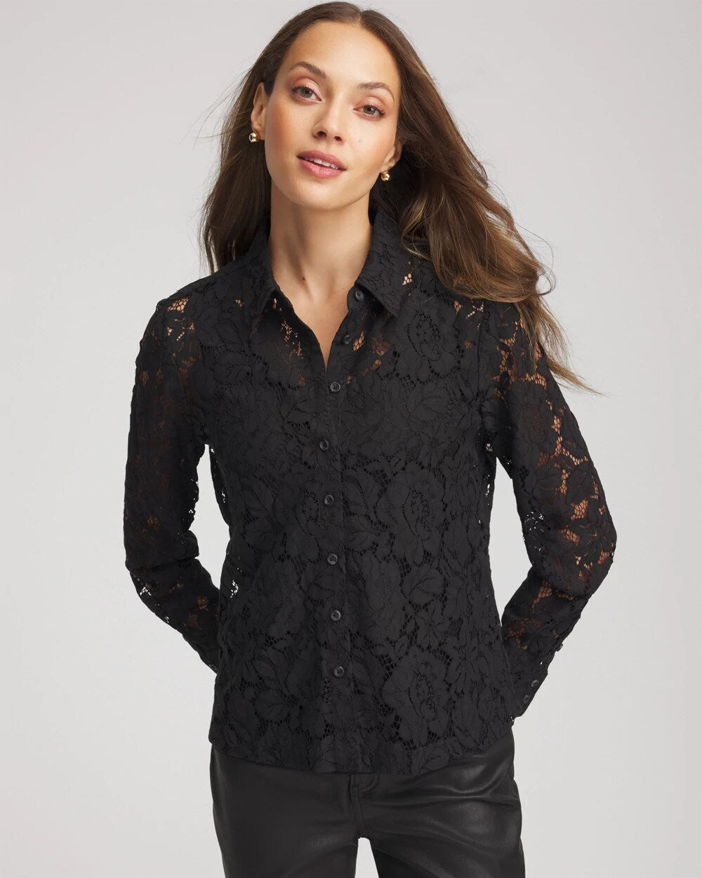 Chico's Classic-Fit Collared Lace Shirt BLACK