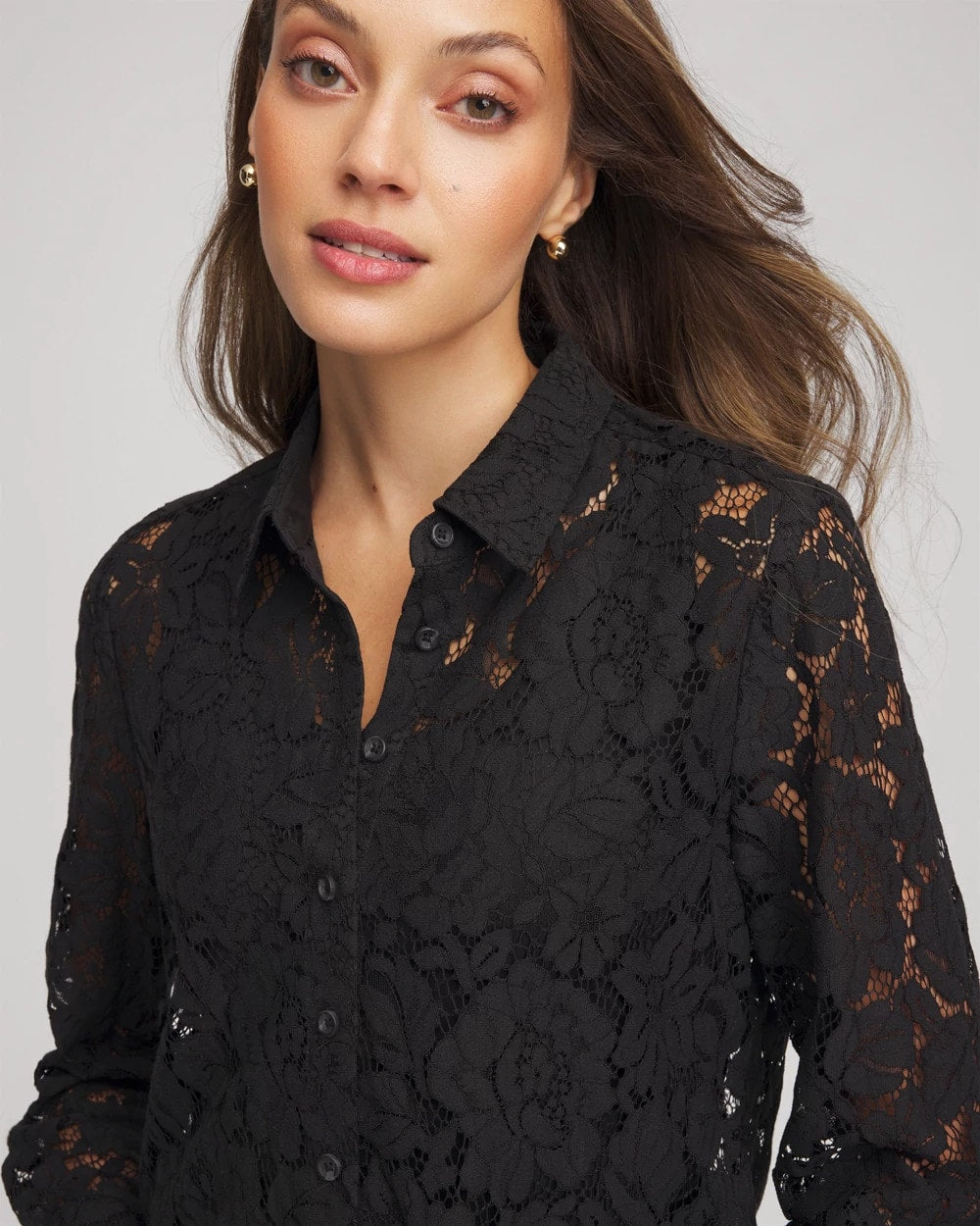 Chico's Classic-Fit Collared Lace Shirt BLACK