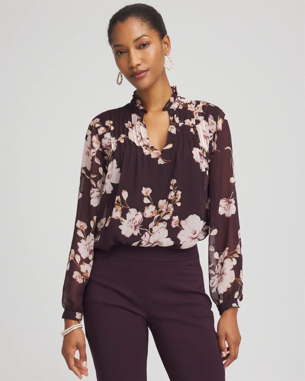 Chico's Frosty Floral Ruffleneck Blouse NIGHT BLOOM