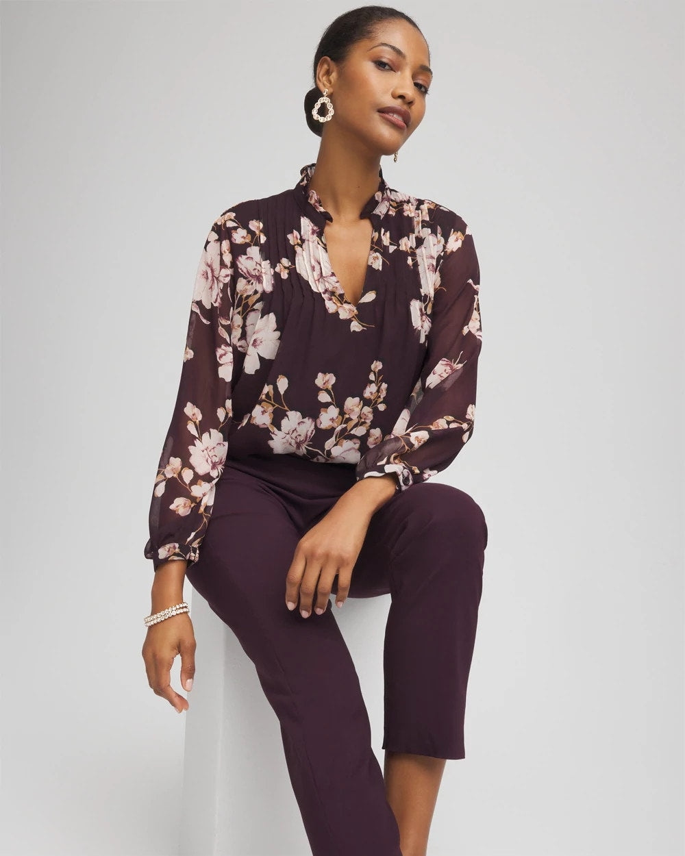 Chico's Frosty Floral Ruffleneck Blouse NIGHT BLOOM