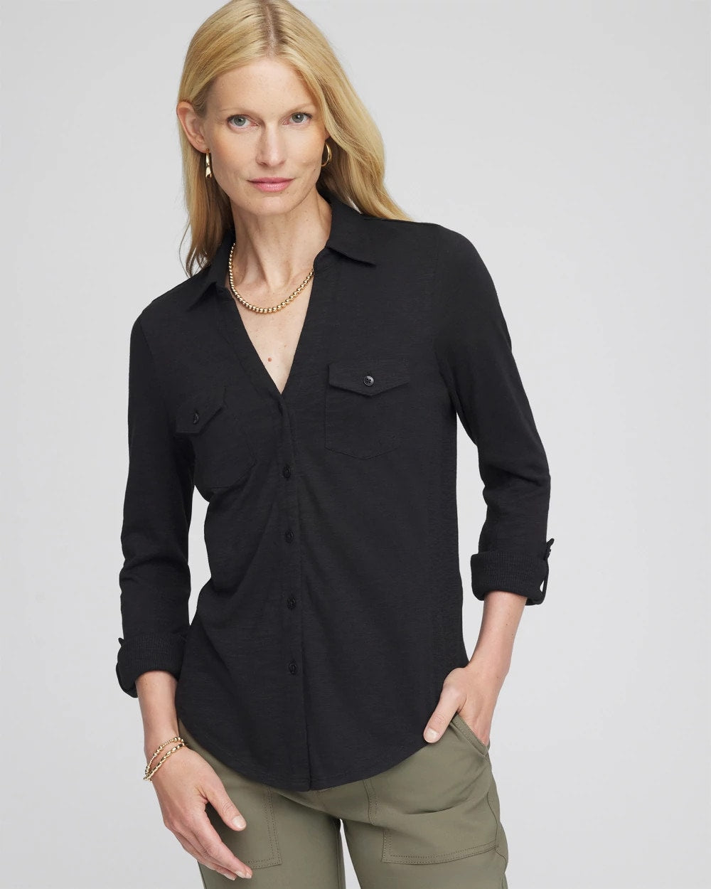 Chico's Collared Henley Shirt BLACK