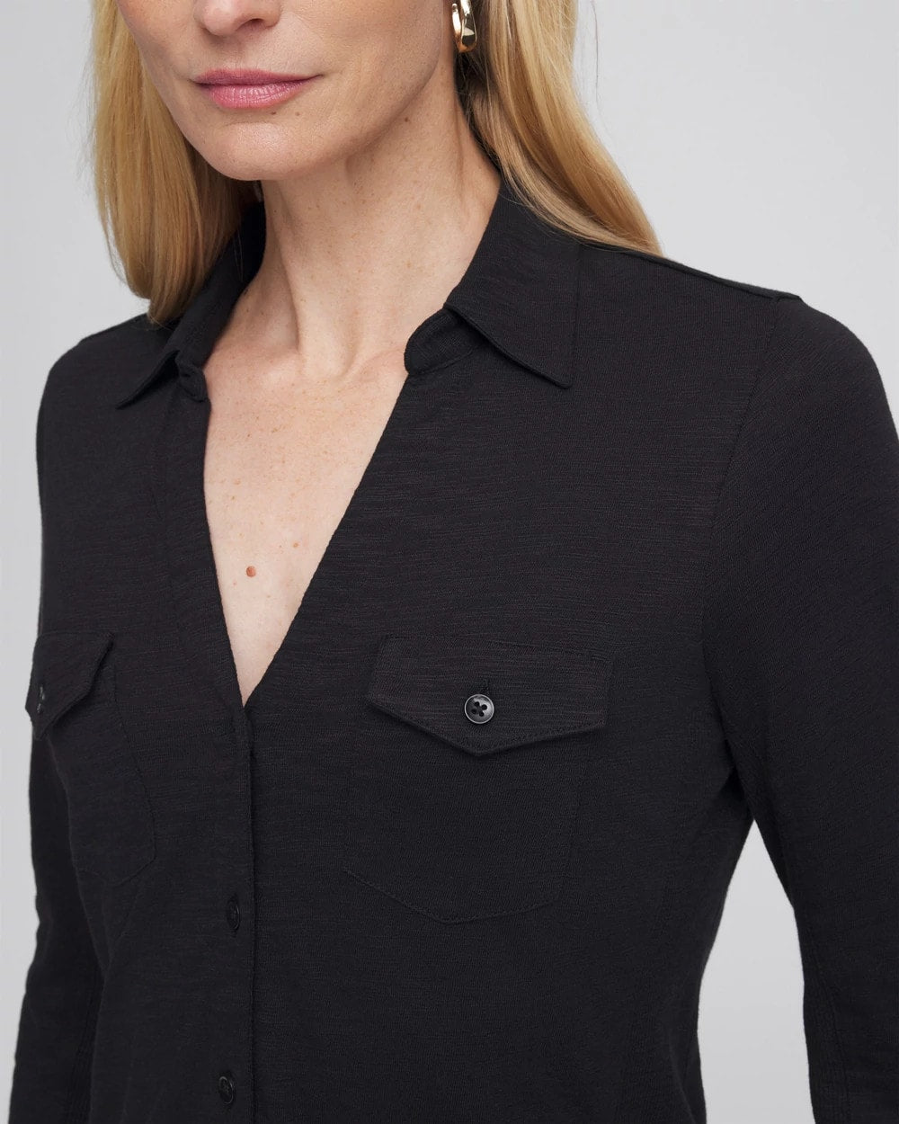 Chico's Collared Henley Shirt BLACK