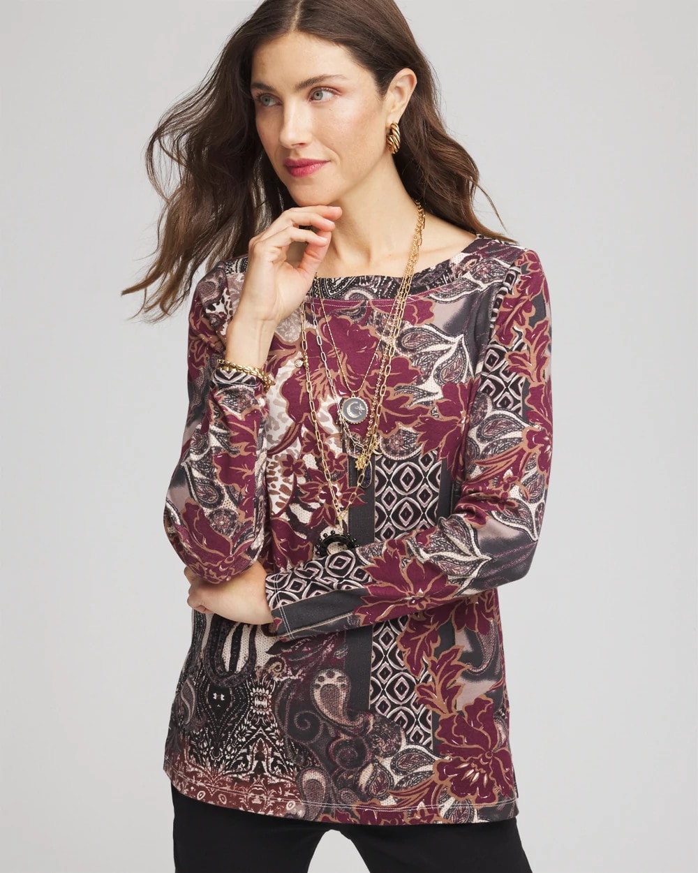 Chico's Printed Pima Cotton Bateau-Neck Tee ROCKY MOUNTAIN