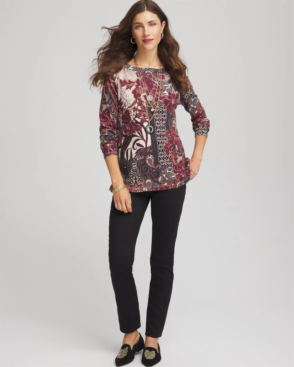 Chico's Printed Pima Cotton Bateau-Neck Tee ROCKY MOUNTAIN