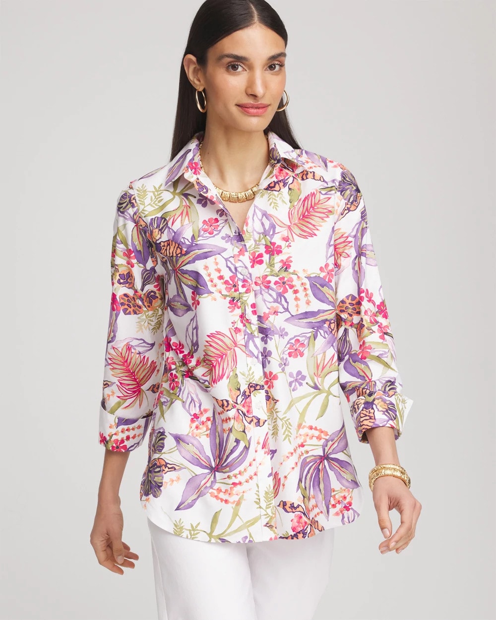 Chico's No Iron™ Tropical Floral Stretch Shirt PLUM SHADE