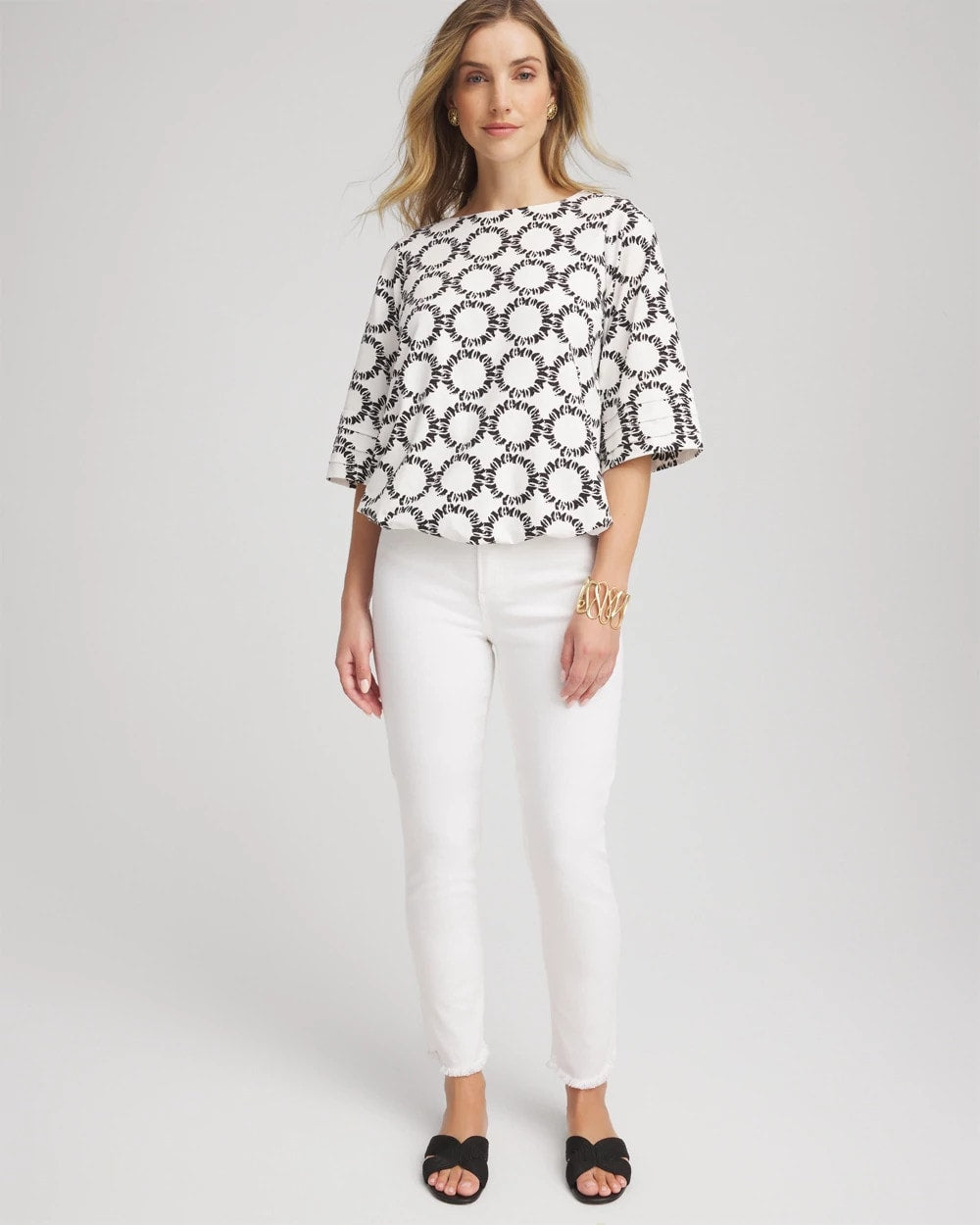 Chico's Geo Print Boatneck Bubble-Hem Top ECRU