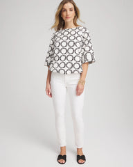 Chico's Geo Print Boatneck Bubble-Hem Top ECRU